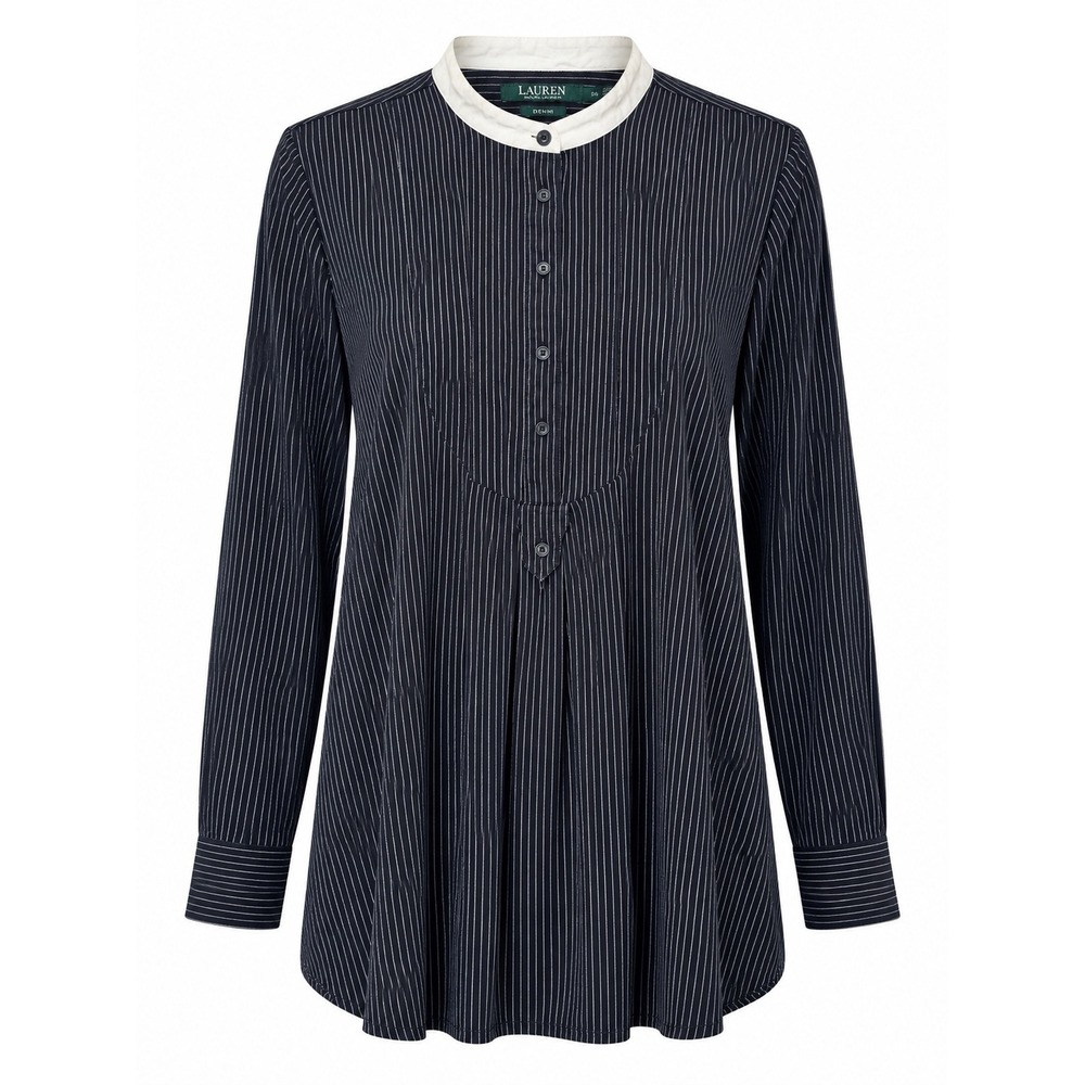 Lauren Ralph Lauren Denim XL Pinstripe Tunic Blouse Black White Band Collar